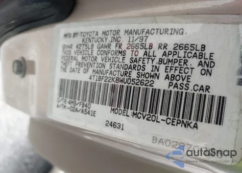 1998 Toyota Camry Le V6 из США, поврежденный, VIN 4T1BF22K8WU052622